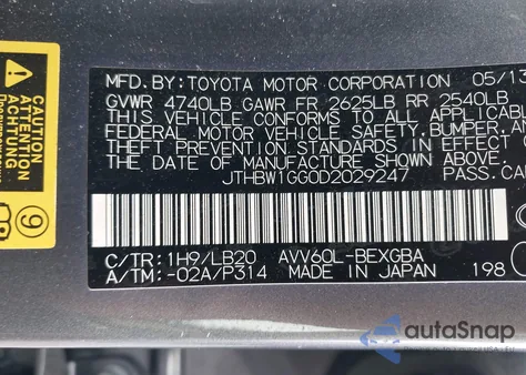 2013 Lexus Es 300H from USA, damaged, VIN JTHBW1GG0D2029247